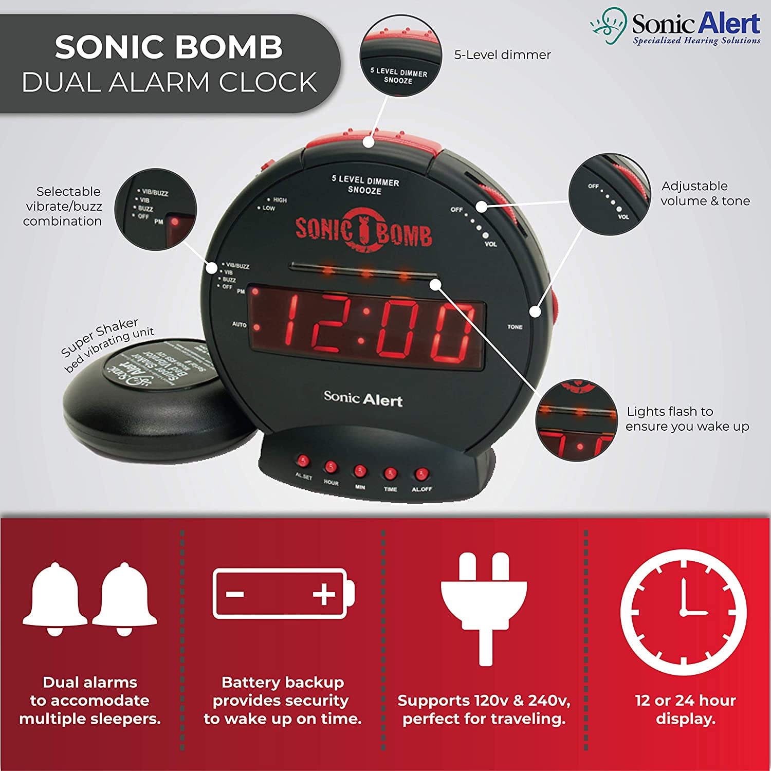 Sonic Alert - Sonic Bomb Dual Alarm Clock with Bed Shaker Vibrator and Digital Display - Black & Red - image 8 of 10