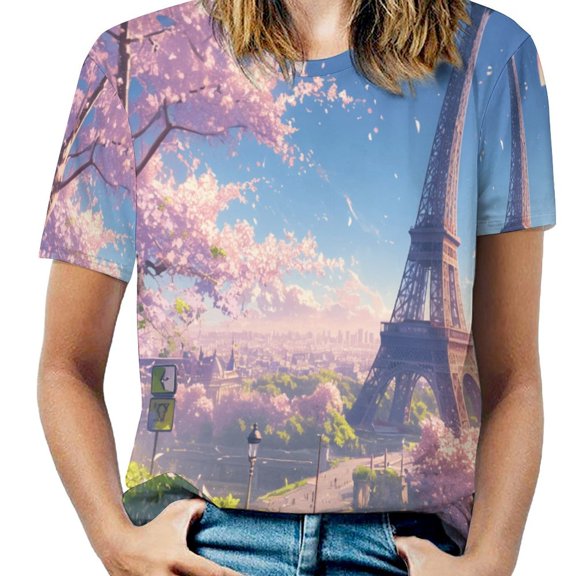 Blossoming Paris Eiffel Tower Women's T-Shirt Short Sleeve T Shirts Tops Tee Ladies Loose T