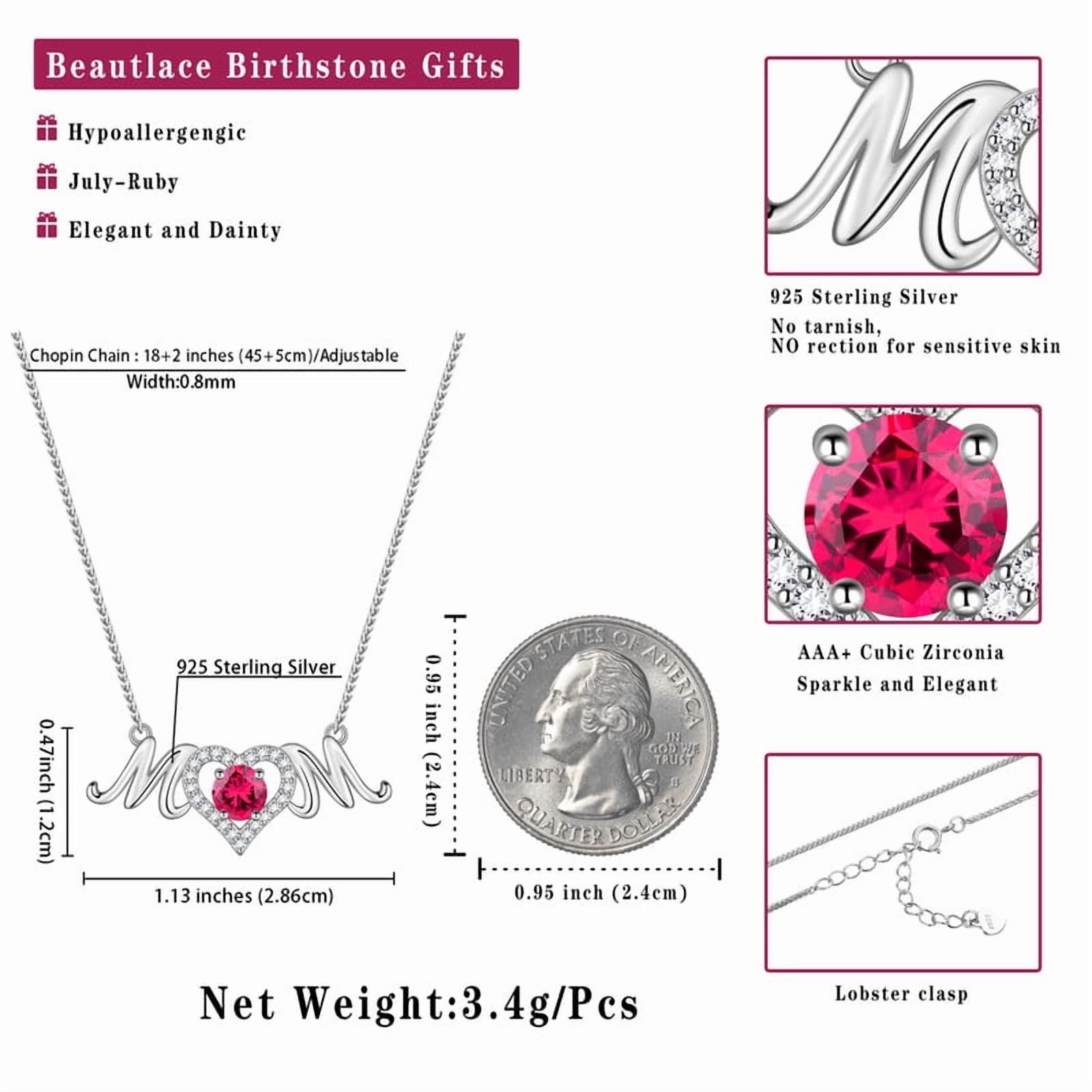 Beautlace Mom Pendant Necklace 925 Sterling Silver Love Heart July Ruby Birthstone Necklace Mother's Day Birthday Jewelry Gifts for Mom Women Grandma