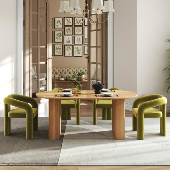 KATBOC 5-Piece Dining Table Set for 4-8, Modern MDF Pedestal Table & Velvet Chairs, Compact Furniture for Kitchen, Dining,Home Office, Green&Brown