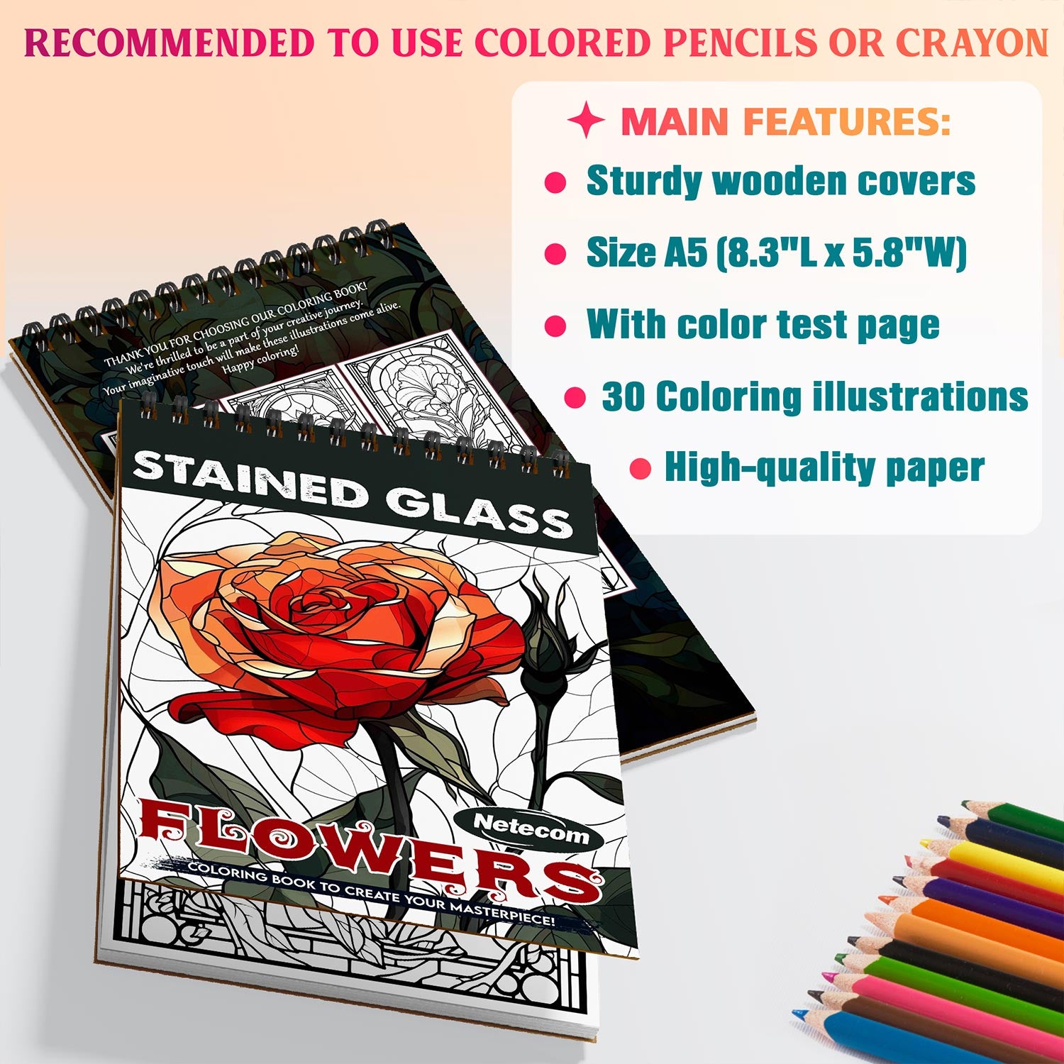Netecom Stained Glass Flowers Coloring Book Spiral Bound for Adults, A5 Wooden Cover, 30 Delicate Coloring Pages of Beautiful Flowers for Stress Relief and Relaxation