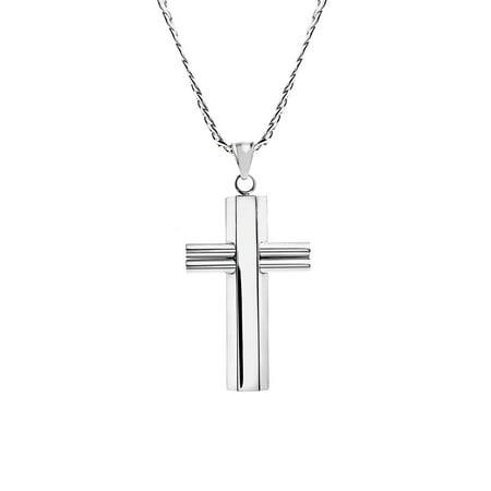 Curb Chain Cross - Mens Polished Cross & Curb Chain Necklace in Stainless Steel