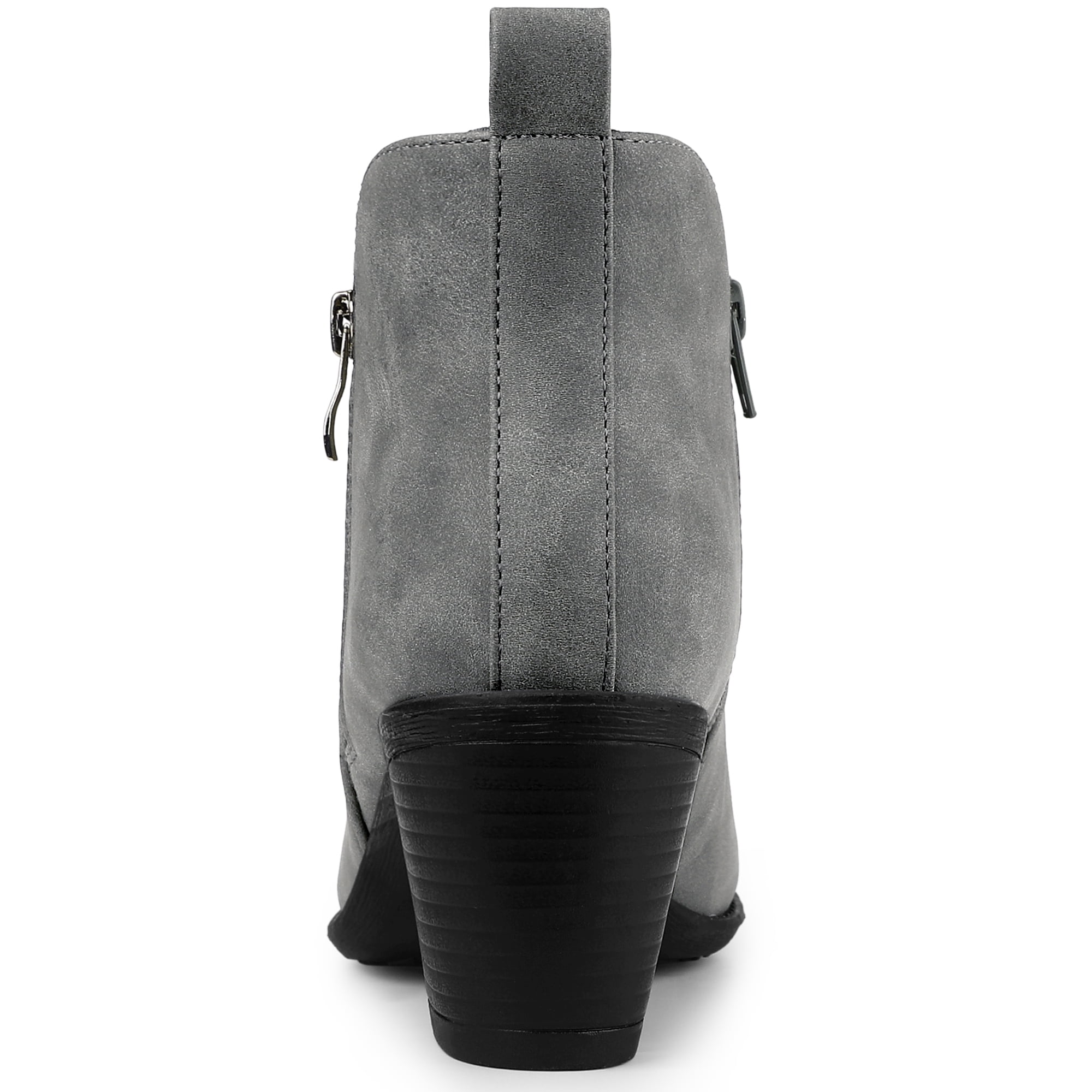 Unique Bargains Women's Low Chunky Heel Zipper Western Ankle Booties Gray 7.5