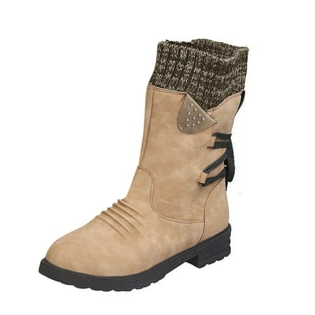 DVKOVI Flat Cowboy Boots for Women Cowboy Boots for Women Mid Calf Women Mid Boots Up for Women Shoes Lace Calf Vintage Heels Thick Casual Boots Retro Women s Boots Heel Boots Khaki 43