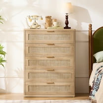 5 Drawer Dresser for Bedroom, Rattan Chest of Dressers, Modern Dresser Chest with Golden Handles, Beside Table for Closet, Living Room&Entryway, Natural