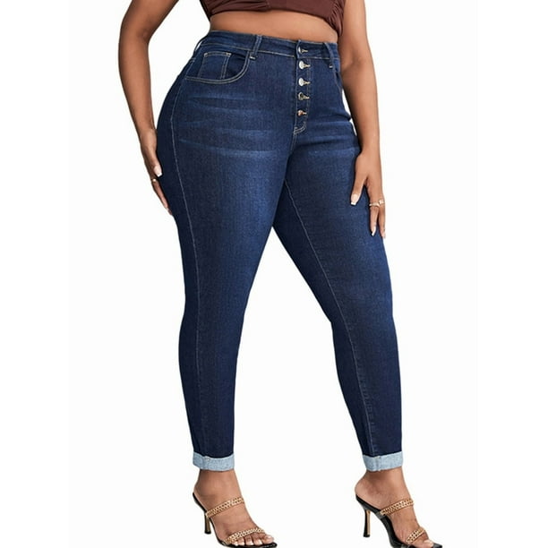 Vaqueros Ajustados de Talla Grande para Mujer, Cintura Alta, Elásticos, Clásicos, Hasta el Tobillo Azul XXXL
