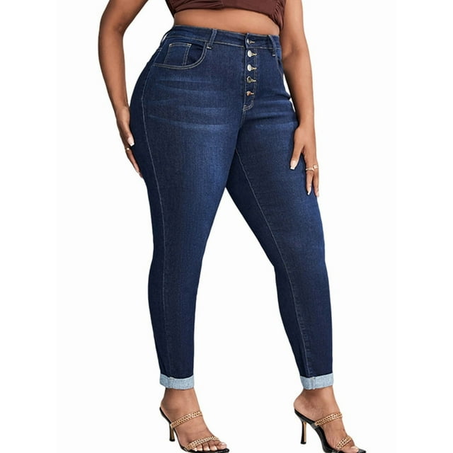 Jean Moulant pour Femmes Grande Taille Taille Haute Extensible Classique à la Cheville Bleu TTG
