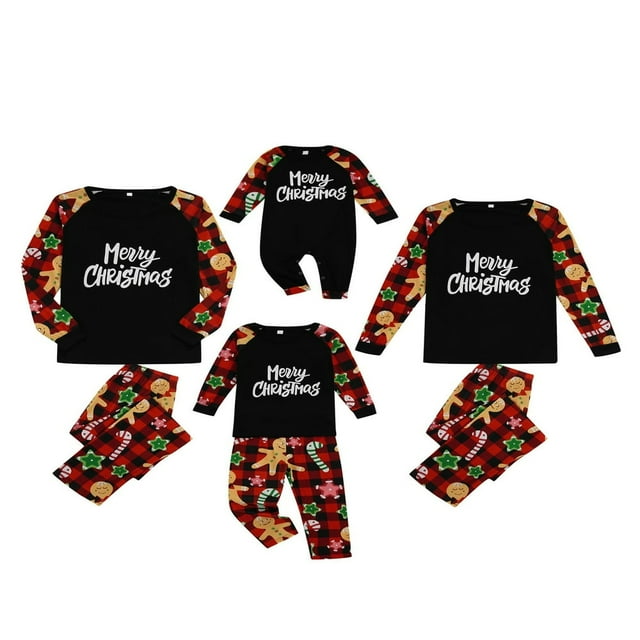 Pyjamas de Noël Assortis pour la Famille, Manches Longues, Hauts Raglan à Lettres + Ensemble Pantalon à Motif