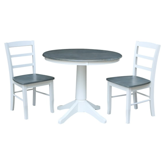 International Concepts 36" Round Solid Wood Pedestal Dining Table with 2 Madrid Ladder Back Chairs in White/Heather Gray