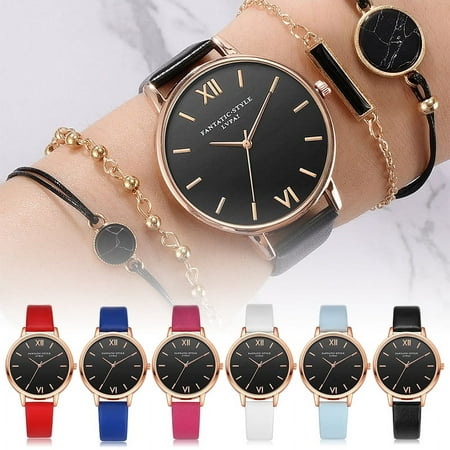 Women'S Watch and Bracelet Set Pointer Dial Casual Quartz Watch Pu Strap Simple Cool Wrist Gift for Female New