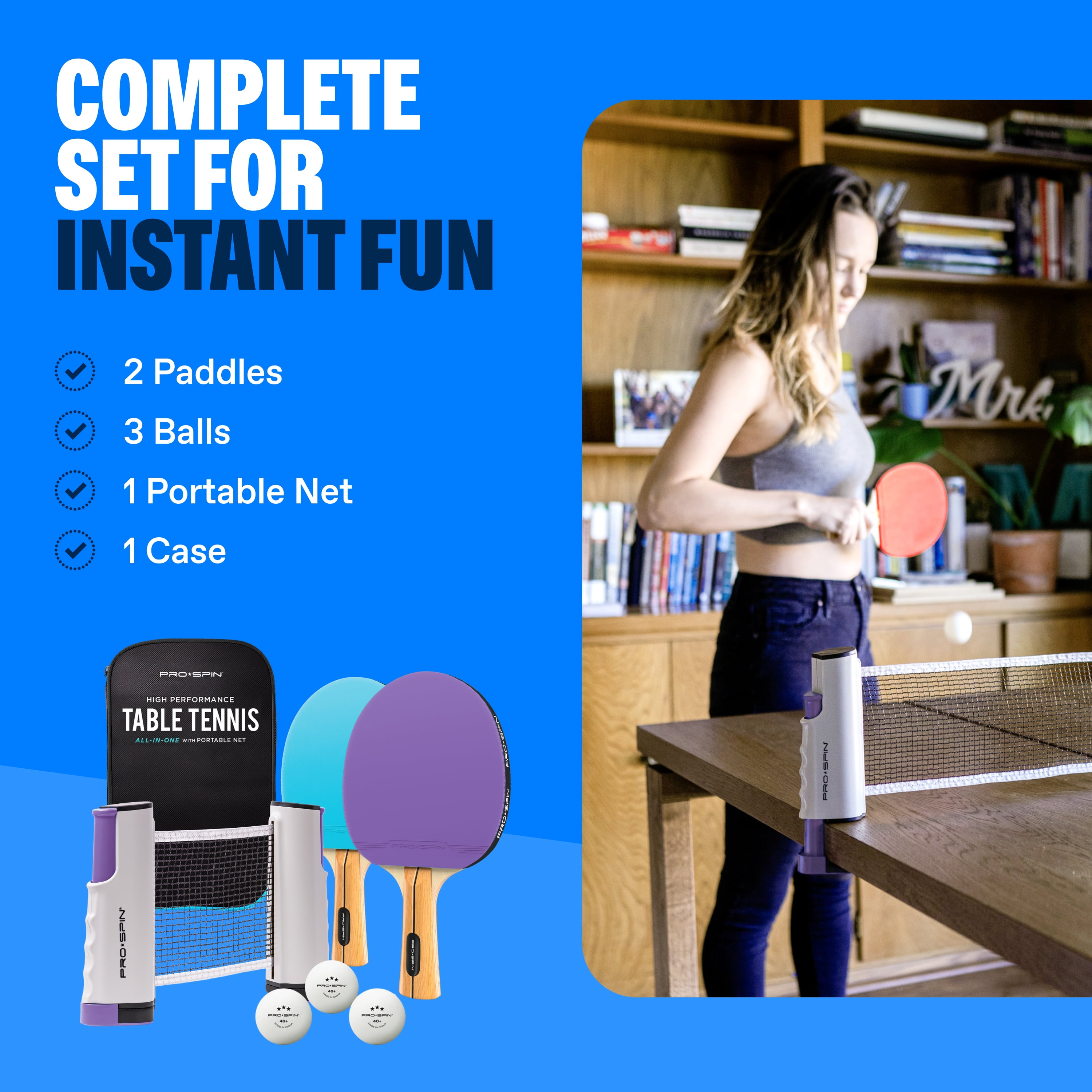 PRO SPIN All-In-One Ping Pong Set - Retractable Ping Pong Net for Any Table (72"), High-Quality Ping Pong Paddles and Balls, Storage Case - Portable Table Tennis Gifts for Boys & Girls (2-Player Set)