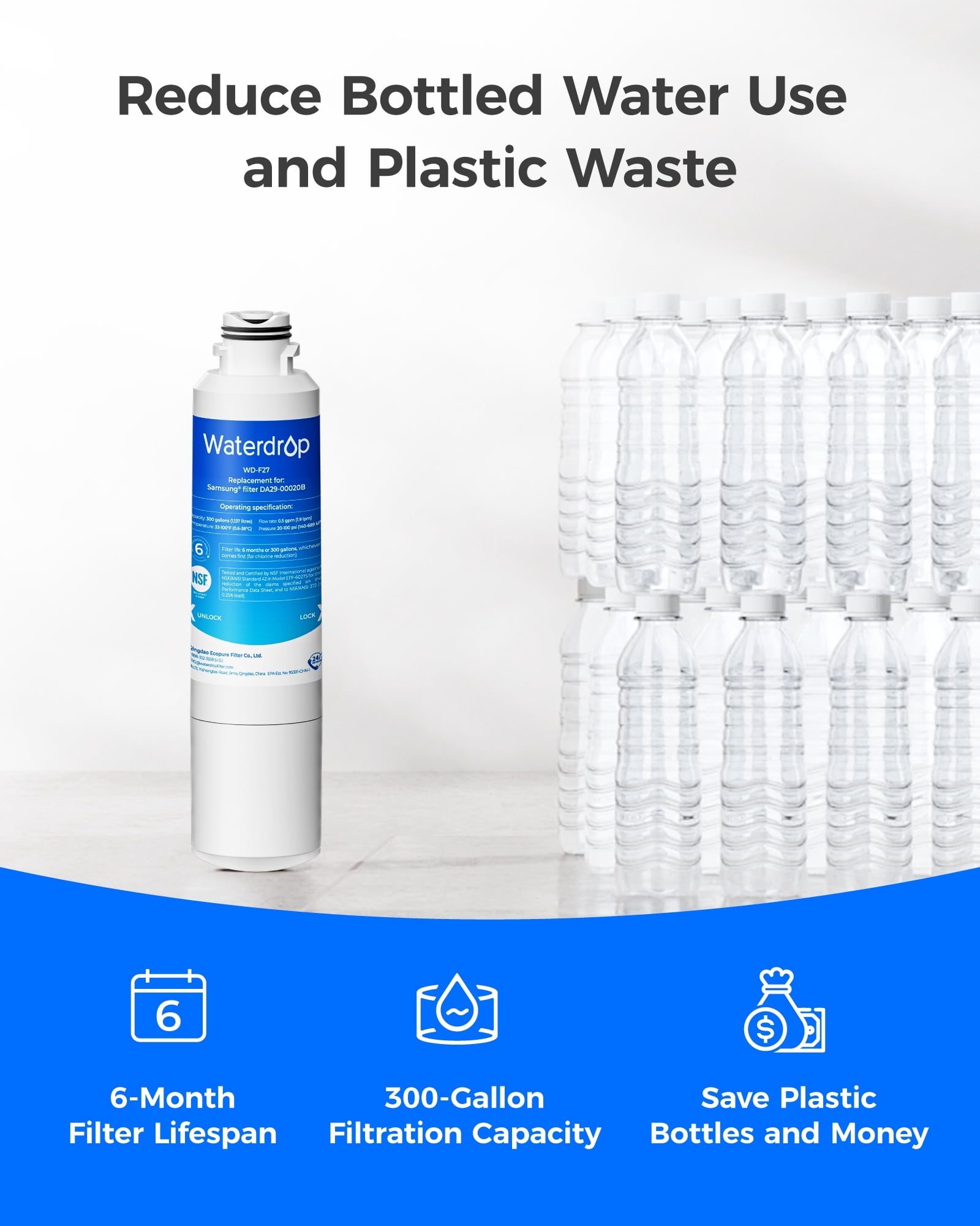 Waterdrop F27 Refrigerator Water Filter Replacement for Samsung®DA29-00020B HAF-CIN/EXP, HAF-CINRF28HMEDBSR, RF263BEAESR, RS25J500DSR, RF263TEAESG, HDX FMS-2, DA97-08006A-1,2 pack