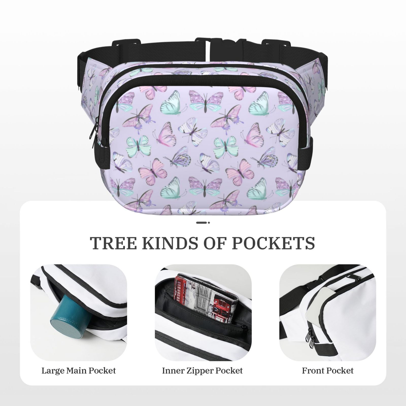 Kuqiui Purple Butterfly Print Fanny Packs for Women Cross Body Waist Bag Fashionable Fanny Pack Designer Workout Hiking Waist Pack Running Travel Gym
