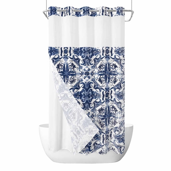 No Hook Shower Curtain, Navy Blue Boho Stall Bathroom Curtains with Snap in Liner, Ehtnic Abstract Art Modern Geometric Waterproof Washable Fabric Shower Curtain Set, 54"W x 78"L