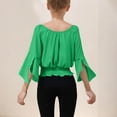 thumbnail image 3 of Girls Crop Tops Off Shoulder Bell Long Sleeve Chiffon Blouses Ruffle Smocked Hem Cute Spring Fall Clothes, Green 5-6 Years, 3 of 8