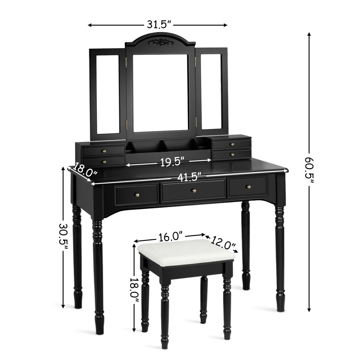 Gymax Vanity Set W 7 Drawers Tri Folding Necklace Hooked Mirror Dressing Table Black