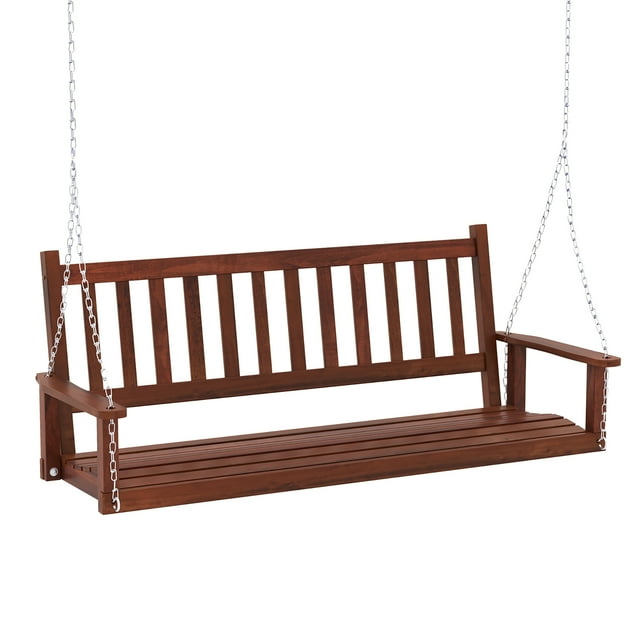 Gymax 5FT Wooden 3-Person Porch Swing Chair with adjustable galvanized metal chains in brown. Made of durable poplar wood with a PU finish, this swing is designed for outdoor use. It features a slatted backrest, smooth armrests, and a spacious seating area that accommodates up to 3 people with a weight capacity of 800 lbs. The swing includes rustproof, adjustable chains with sturdy S-shaped hooks and eyebolts for secure hanging on trees, stands, or ceilings. Dimensions: 66'' x 25.5'' x 25'' (L x W x H).