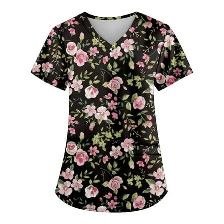 

Funicet Black and Friday Deals Plus Size Tops for Women Scrub Tops Working Uniform Short Sleeve V-neck Nursing Uniform Floral Blouse with Two Pockets