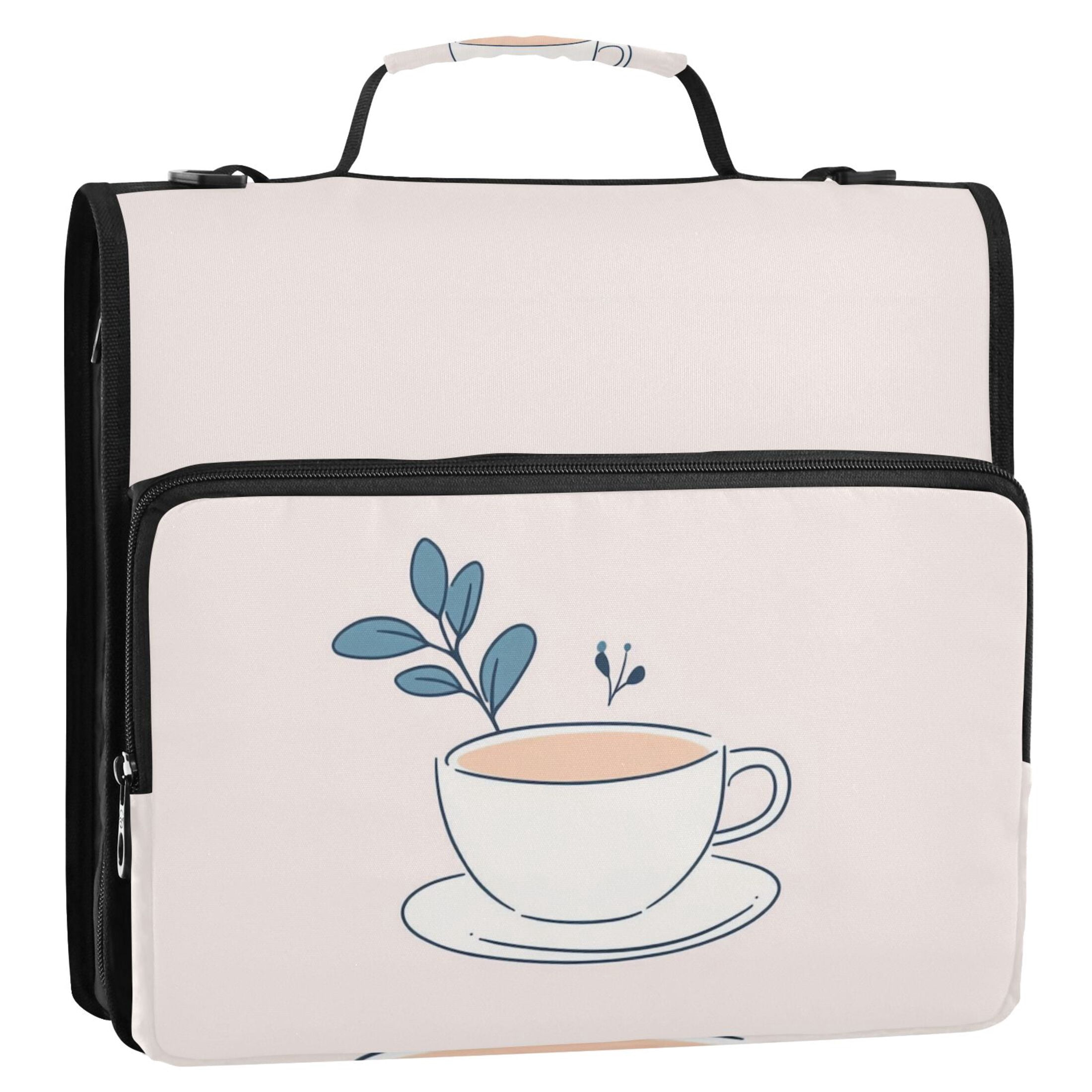 3 Ring Zipper Binder with Shoulder Strap Waterproof Trapper Keeper 2 Inch D-Ring 500 Sheets Capacity Coffee Cup with Leaf