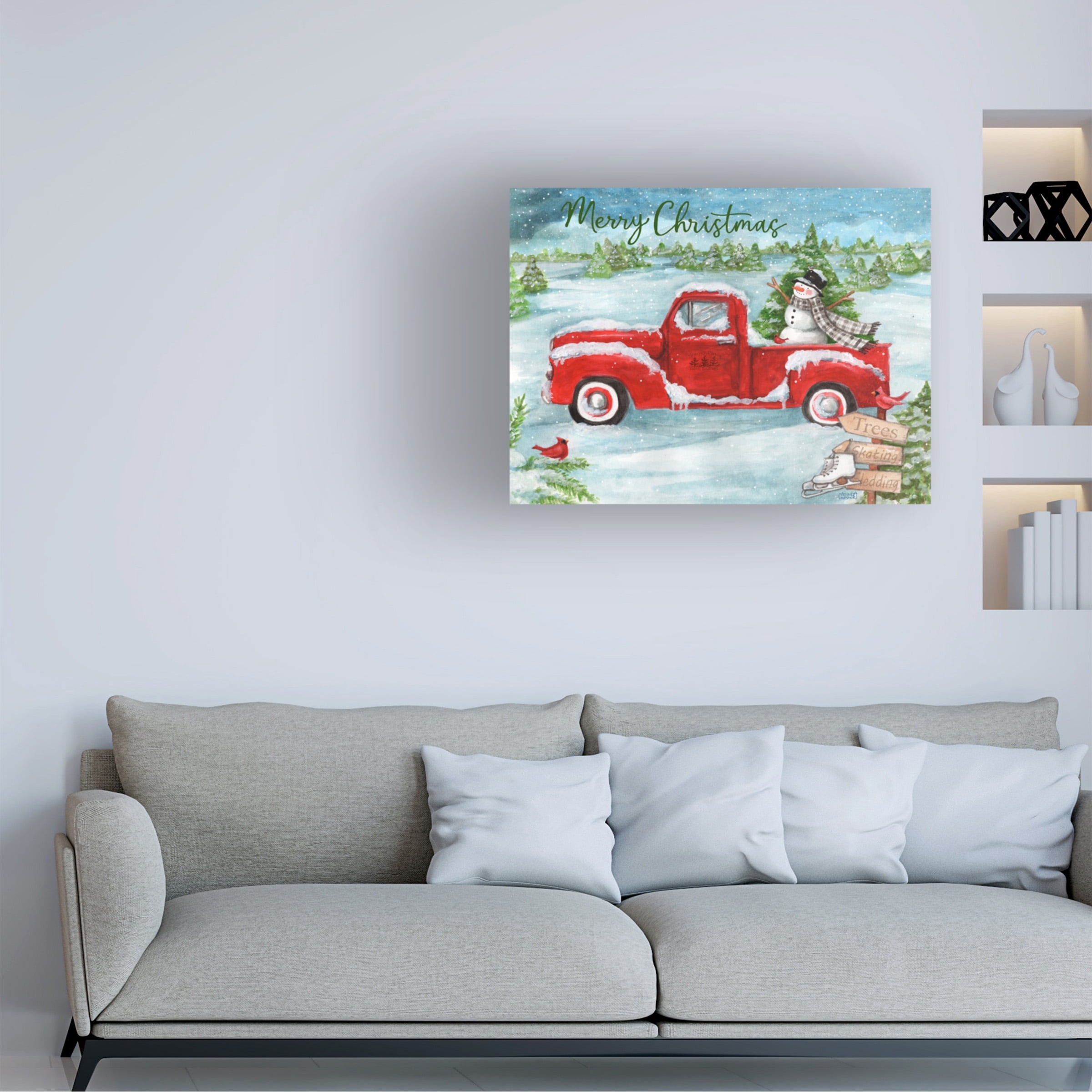 Melinda Hipsher 'Red Truck With Snowman And Birds' Canvas Art