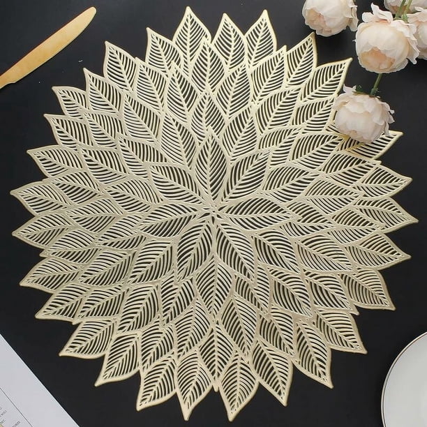 Manteles individuales de vinilo prensado con hojas, manteles metálicos con apariencia elegante y aislamiento térmico, diseño antideslizante, lavable y hueco para comedor, decoración de mesa de cocina