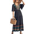 thumbnail image 2 of Womens Summer Casual Maxi Dress Bohemian Floral V Neck Puff Short Sleeve Ethnic Style Beach Tiered Sundress Long Swing Dress, 2 of 5