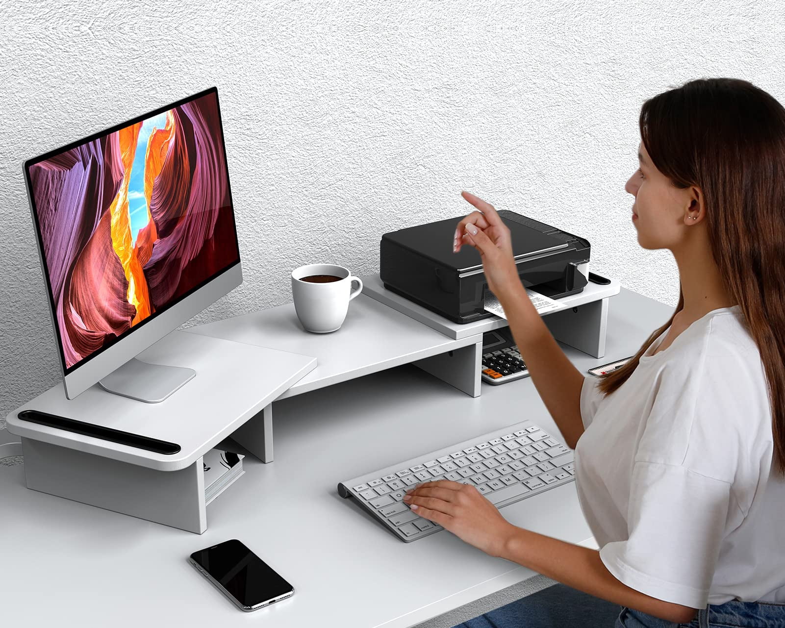 Dual Monitor Stand Riser  With Adjustable Length And Angle Wood For Desk 2 Monitors Storage Space