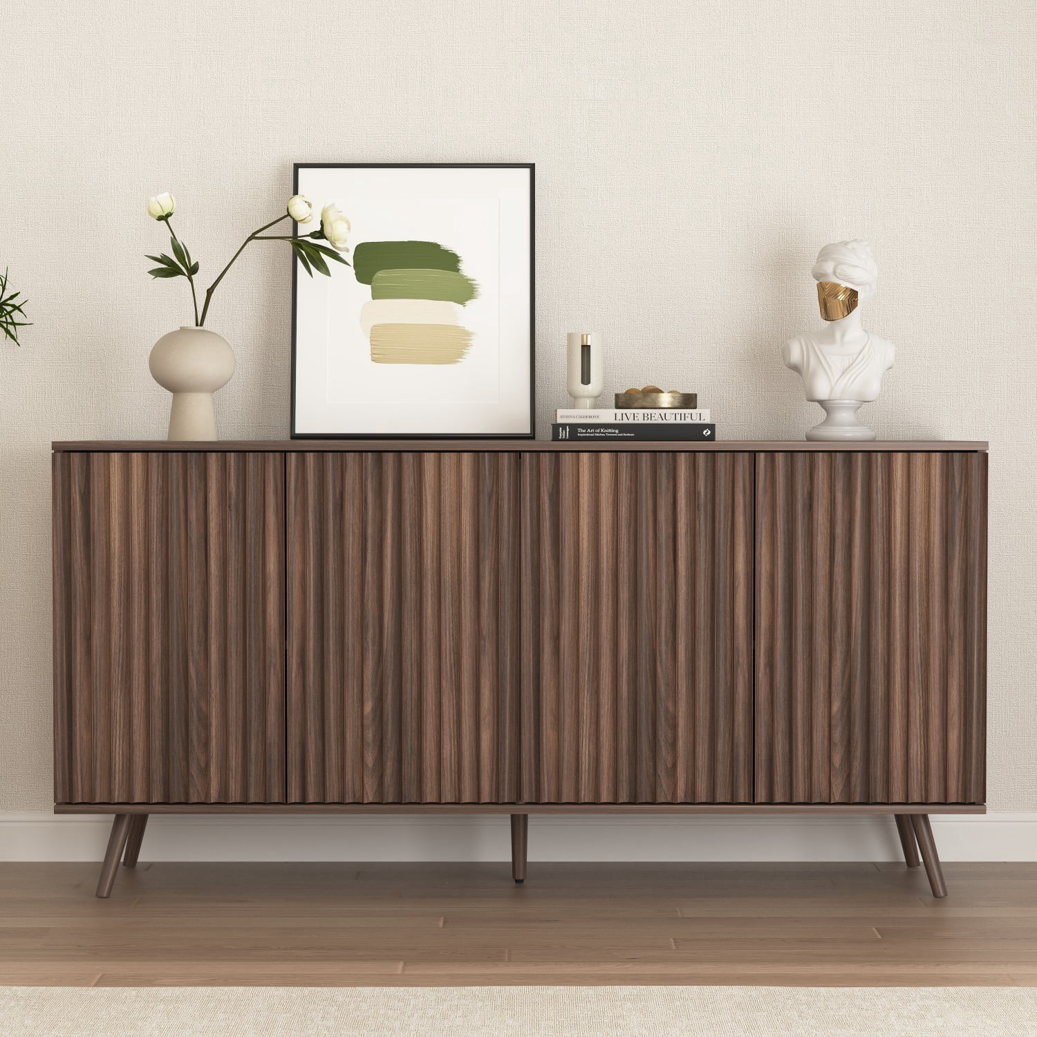 59.1" Sideboard Buffet Cabinet with Storage, 4 Door Credenza Cabinet with Adjustable Shelves, Wood Coffee Bar Console Cabinet for Kitchen Dining Room Living Room, Walnut