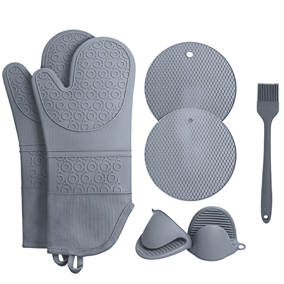 7 Pack Heat Resistant Silicone Oven Mitts Set, Non-Slip Kitchen Cooking Accessories with Trivet Mats, Mini Pinch Grips & Pastry Brush for Baking, Grilling & Cooking
