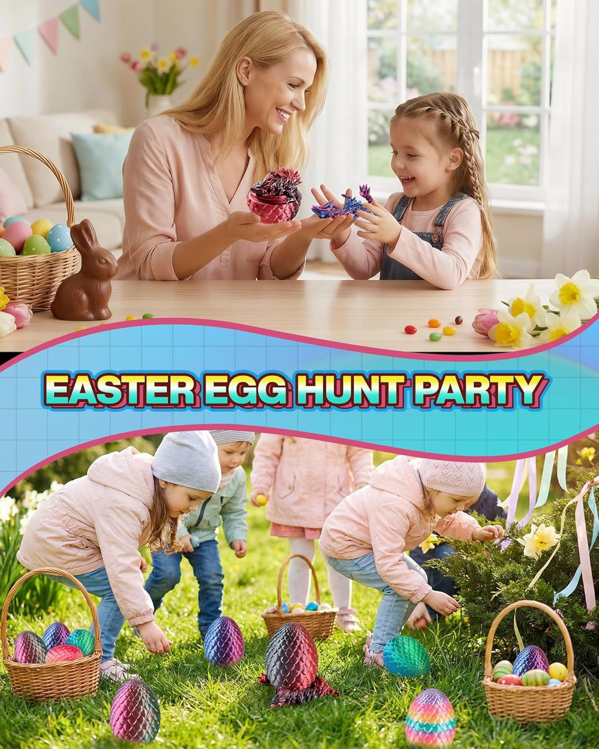 8" 3D Printed Dragon Eggs, Mystery Crystal Dragon Egg for Easter Basket Stuffers, Unique Easter Toys & Decor, Fantasy Tabletop Decor for Kids & Collectors (4 Pack)