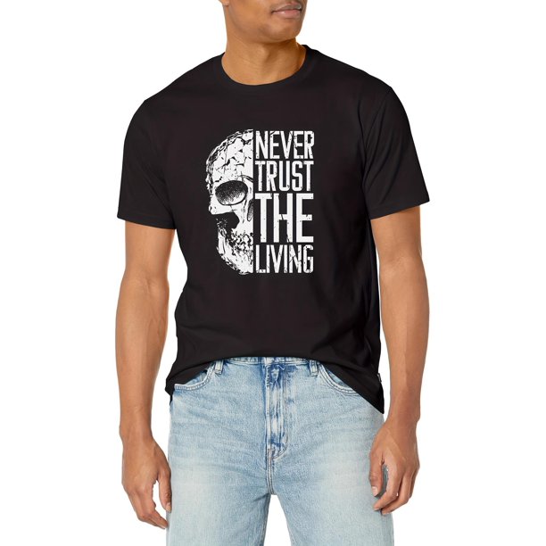 NEVER TRUST THE LIVING & Half Skull Graphic Print Crew Neck Short Sleeve T-shirt For Men, Casual Summer T-Shirt For Daily Wear And Vacation Resorts