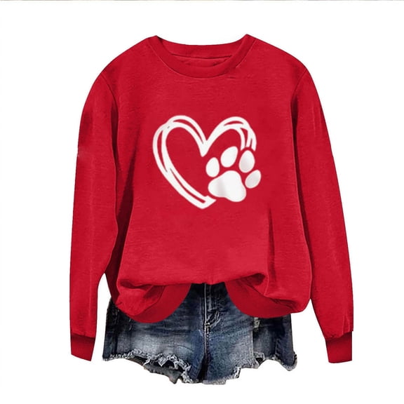 GuzomFashion Valentine's Day Womens Red Crew Neck Sweatshirt, 100% Polyester Paw Print Heart Graphic Casual Long Sleeve for Pet Lovers,Size XL