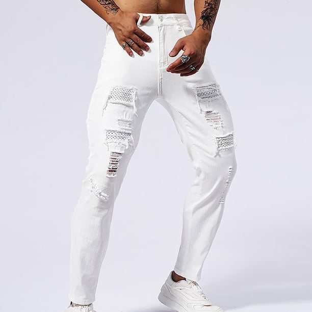 Pantalones largos para hombre, casuales, de moda, con parches perforados, bolsillos brillantes, color sólido, elásticos, ajustados, de pierna pequeña, pantalones de mezclilla para hombre.