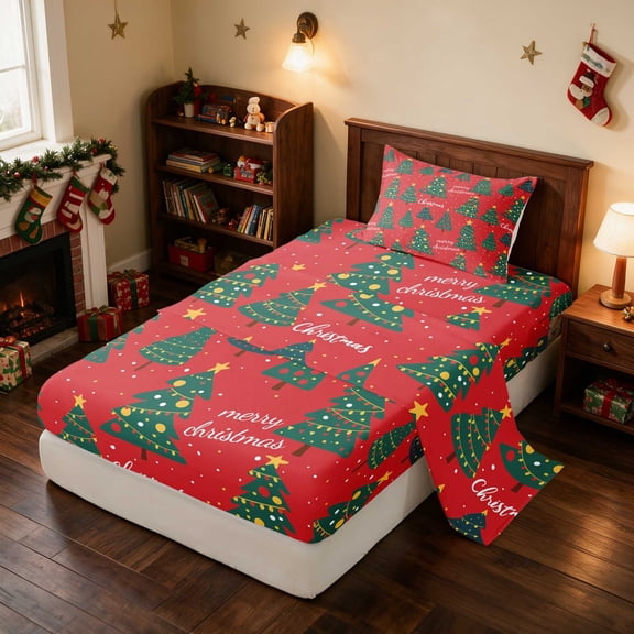 Manfei Christmas Tree Twin Sheets Green Bedding, Yellow Red 3 Pieces (1 Flat Sheet, 1 Fitted Sheet and 1 Pillowcase)