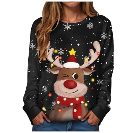 FYEGRE Women s Beautiful Long Jumper Funny Reindeer Jumper Sweater Sweatshirt Sweater Women s Chic Women Winter Top Black S