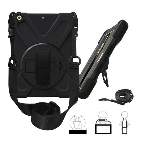 Loop Strap For Ipod 5 iPad 9.7 5th (2017) 6th (2018) Gen Case by KIQ Shockproof Heavy Duty Shield Shoulder Strap Kickstand Screen Protector (Black) ()