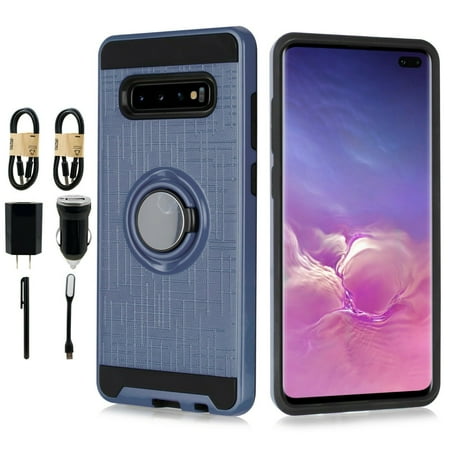 Value Pack for 6.4" Samsung Galaxy S10 Plus 360 Degree Rotating Ring Kickstand Metal Grids Pattern Resistant Slim Bumper Grip Shockproof Raised Bevel Design Dual Layer Protective Phone Case + Navyblue