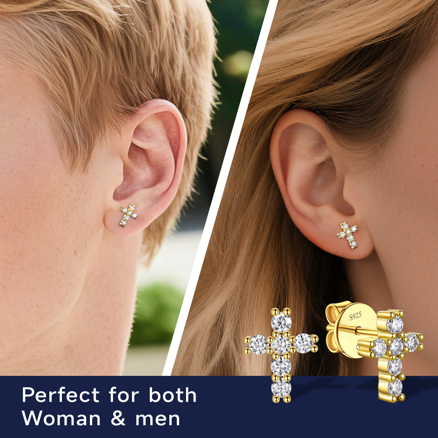 MomentWish 14K Gold Plated Cross Earrings Moissanite Stud Earrings S925 Sterling Silver Christmas Easter Jewelry Gift