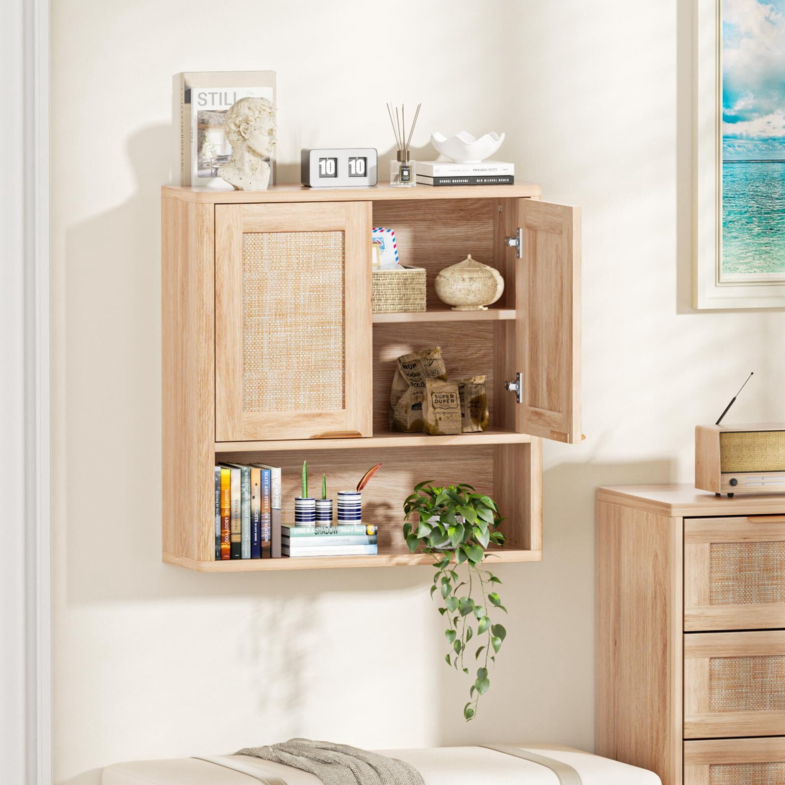 LELELINKY Rattan Wood Bathroom Wall Cabinet with Adjustable Shelf, Boho Medicine Cabinet for over Toilet Storage, Laundry Room, Natural