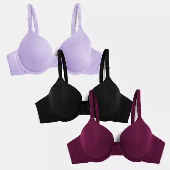 Fruit of the Loom Women's Smooth Cotton T-Shirt Bra-Ultra-Soft, Flexible, and Invisible Under Tees, Lilac Whisper/Purple Velvet/Black, 38DD