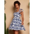 thumbnail image 5 of Blue And White Floral Print Square Neck Tie-Shoulder Ruched Mini Dress For Women, 5 of 8