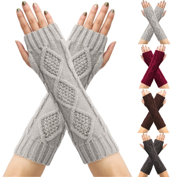 Ashirexll Winter Gloves Women, Fingerless Gloves for Women, Rhombus Knitted Wool Gloves Winter Half Finger Wristbands Extended Arm Sleeves