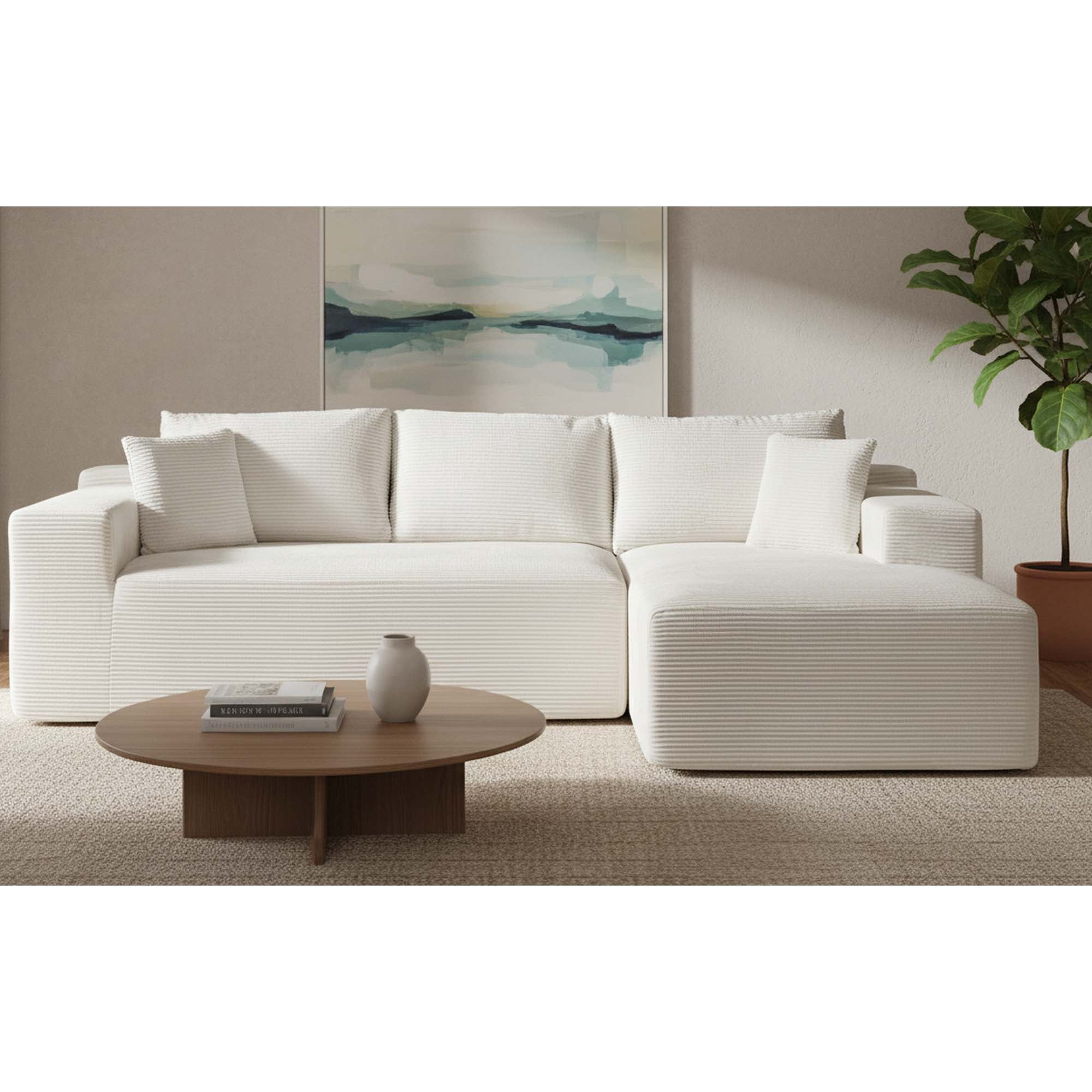 Miniyam 96" x 61" Convertible Corduroy L-Shaped Sofa with Chaise, 3-Seater Modular Sectional Compressed Couch with Pillows for Living Room, Beige (Right Facing)