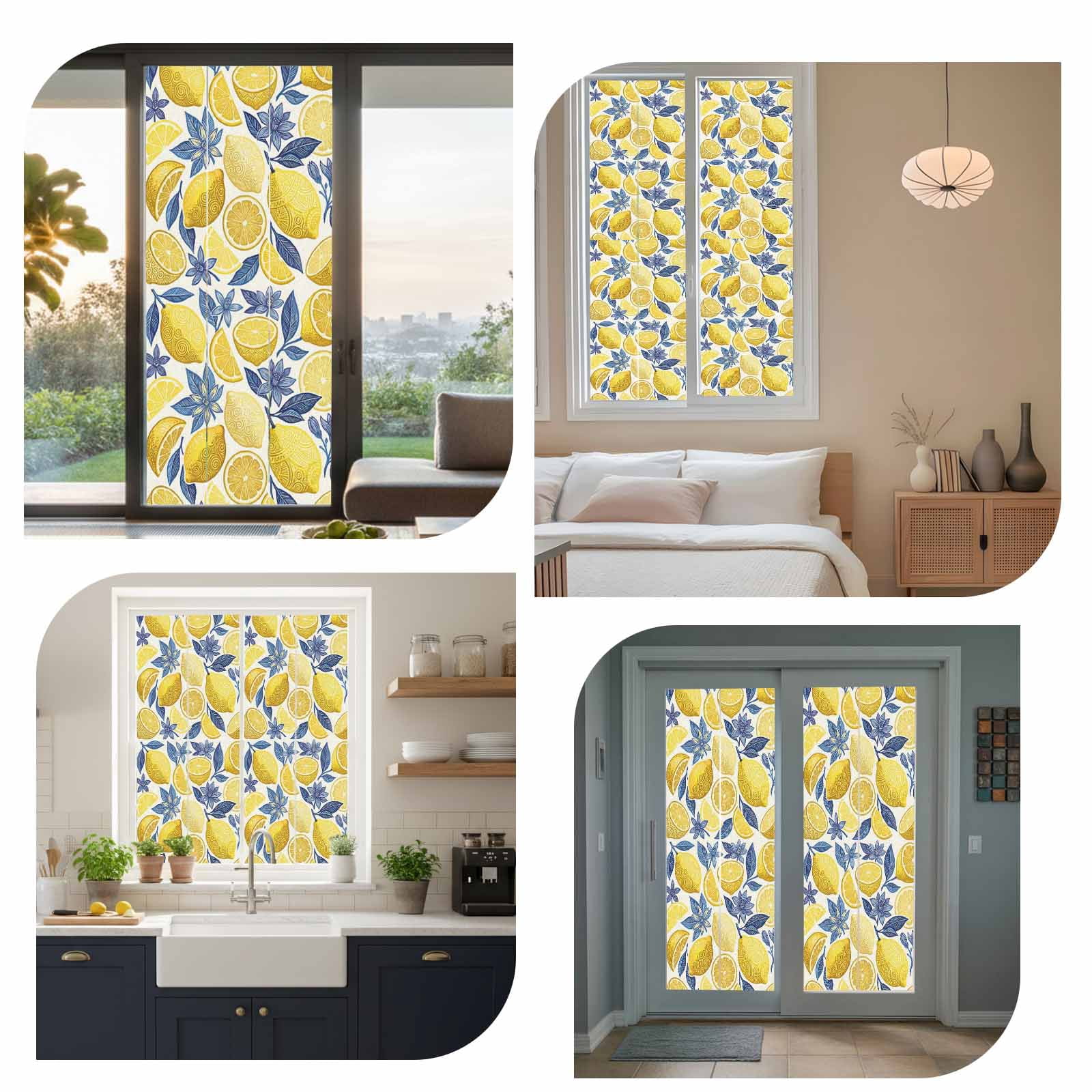 Summer Fruit Window Privacy Film, Watercolor Yellow Lemon Blue Flowers Rustic Frosted Glass Window Clings Static Cling UV Heat Blocking Reusable Door Sticker for Bathroom 29.5 x 118 Inch