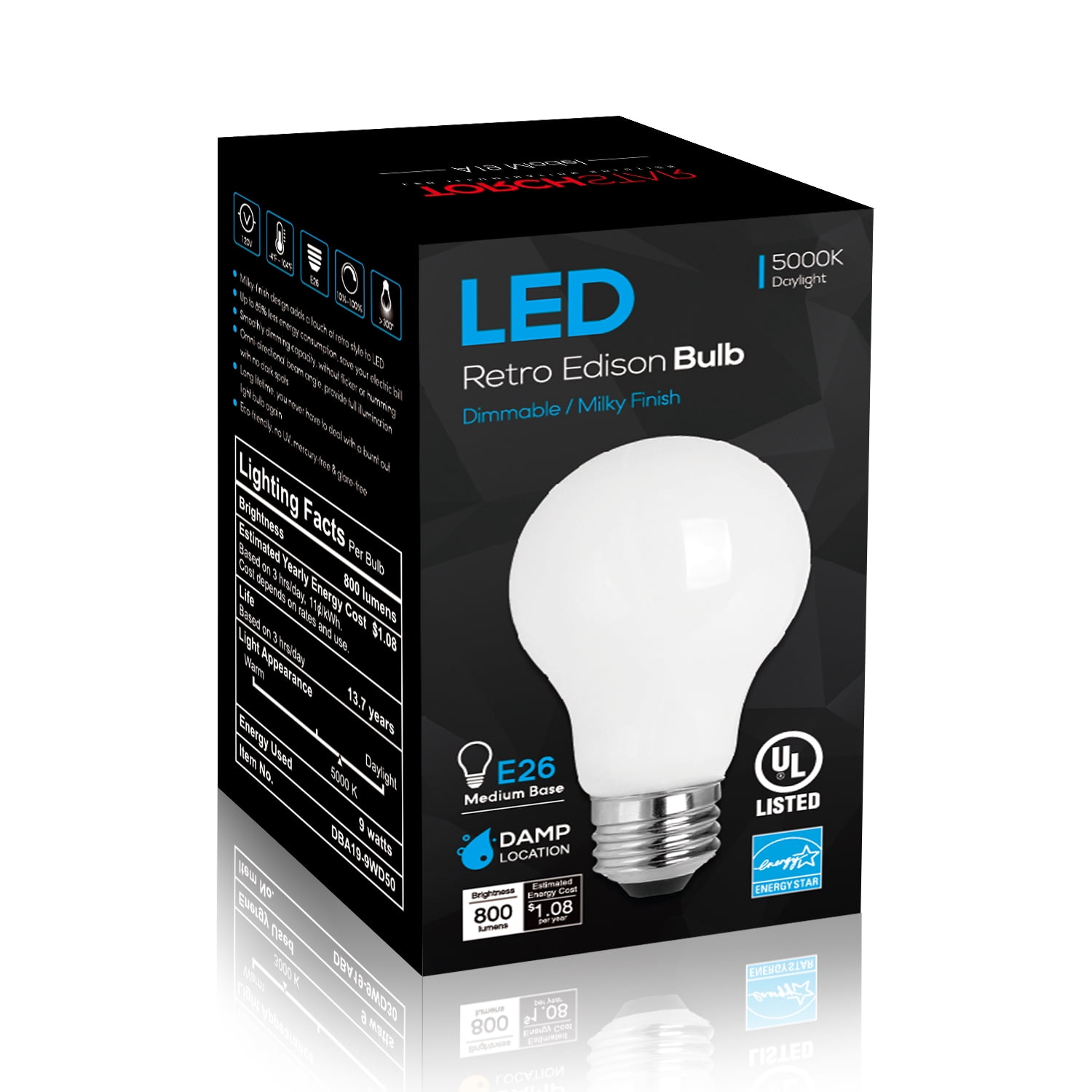 12 Pack 9W Dimmable LED A19 Milky Frosted Filament Light Bulb, 5000K Daylight