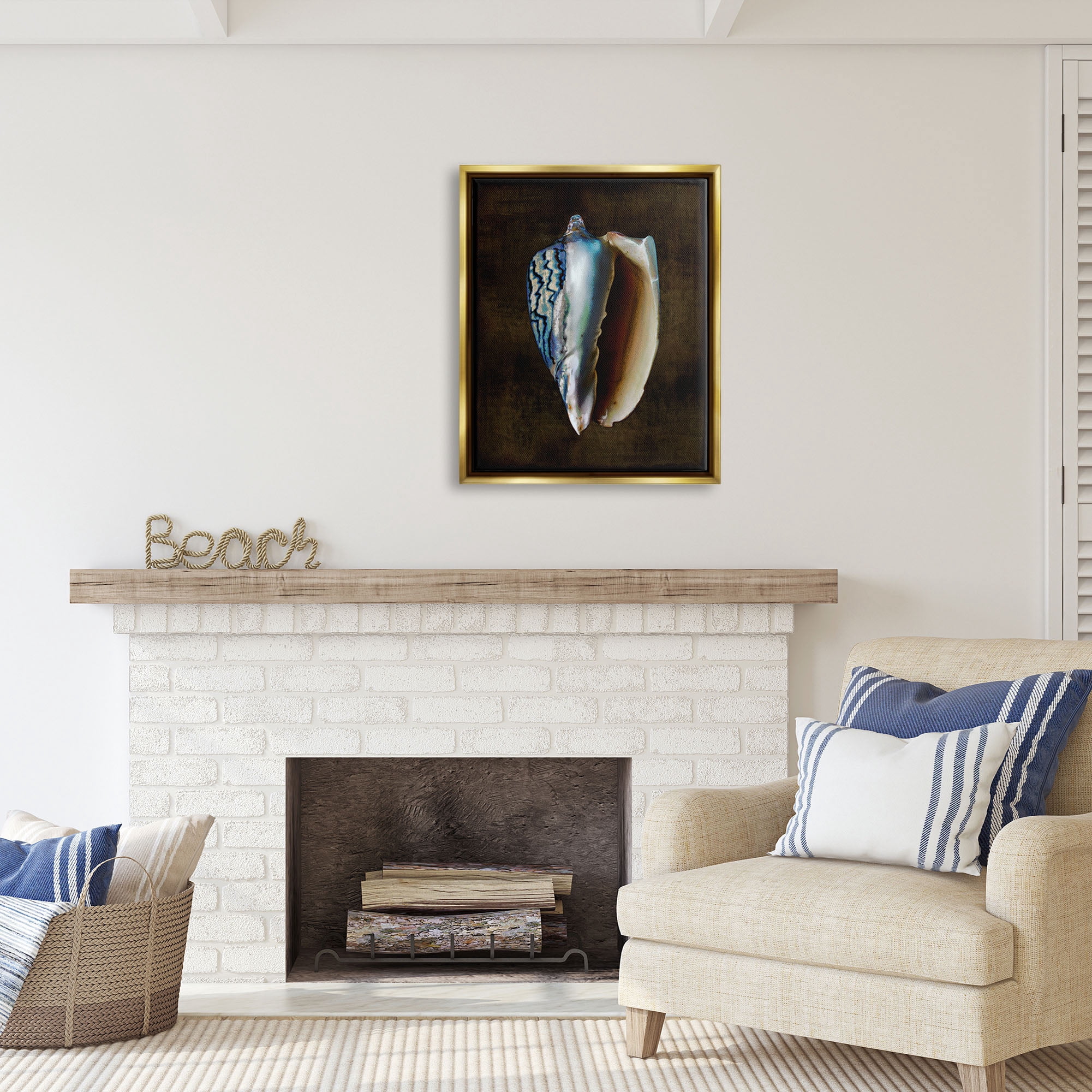 Stupell Industries Conch Shell on Black Nature Painting Gold Floater Framed Art Print Wall Art, 25 x 31