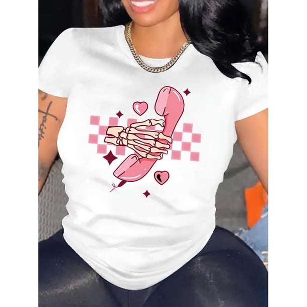 Camiseta De Verano Para Mujer, Elegante Camiseta Con Cuello Redondo Para Viajar, Acampar, Uso DiarioCreative Pink Skull Phone Pattern Printed Women'S Trendy Round Neck Short Sleeve, Simple Casual Sp