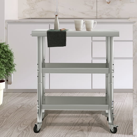 Uforic 36” x 24” Heavy-Duty Stainless Steel Work Table with Hooks, Adjustable Storage Shelf, Wheels, Mobile Prep Station for Kitchens