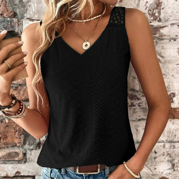 Dolkfu Women Tank Tops Eyelet Embroidery V Neck Solid Color Loose Fit Tank Tops Ladies Shirts And Blouses L