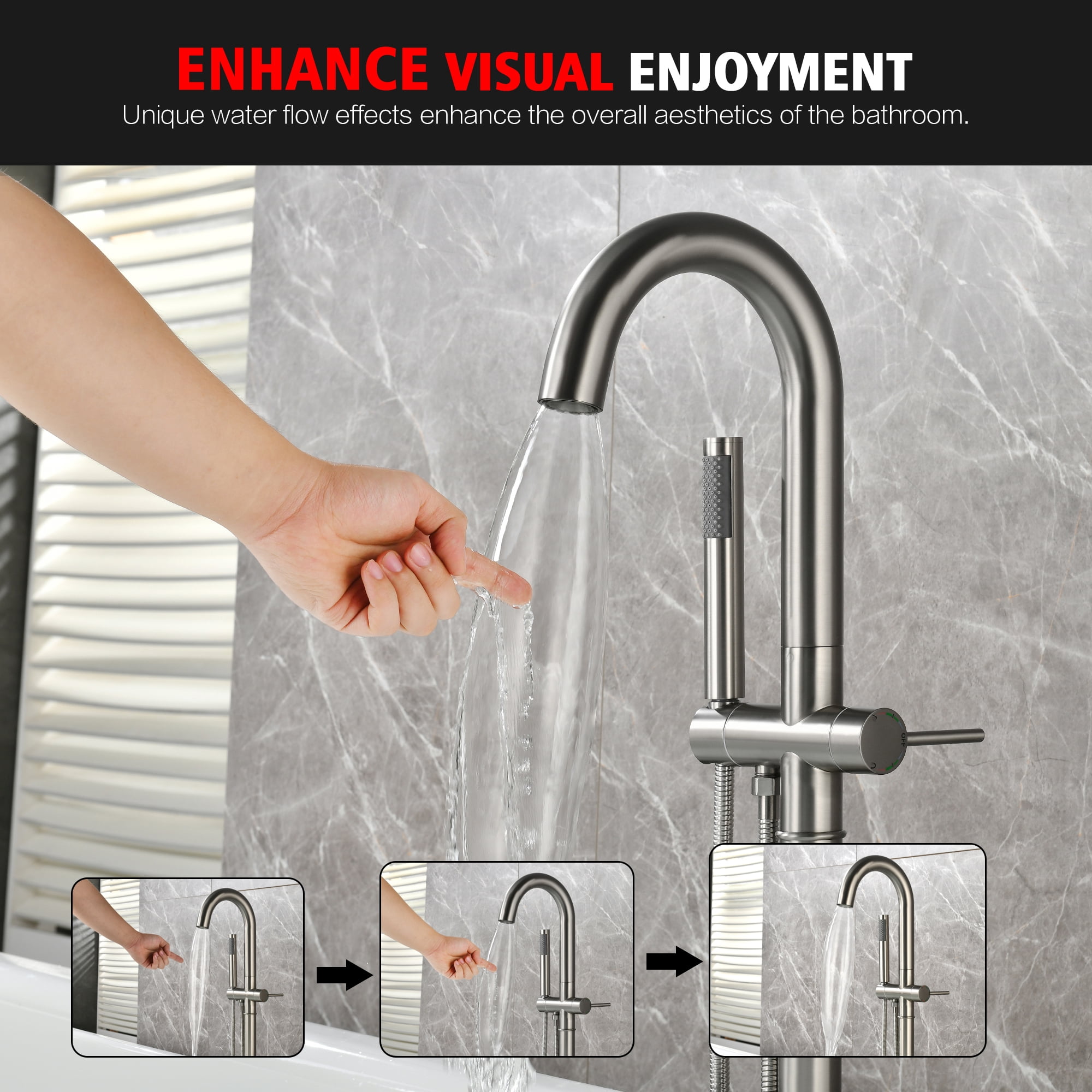 sumerain Freestanding Tub Faucet High Flow with Hand Shower,Modern Floor Mount Tub Filler Faucet Brushed Nickel